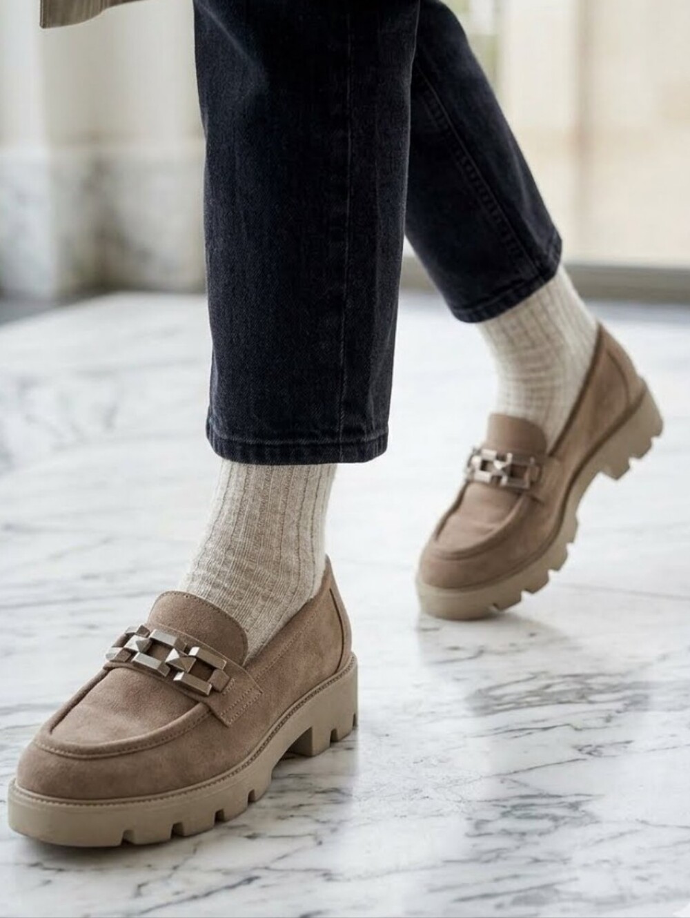 Chunky Sole Leather Suede Moccasins with Metal Chain Accent - Taupe